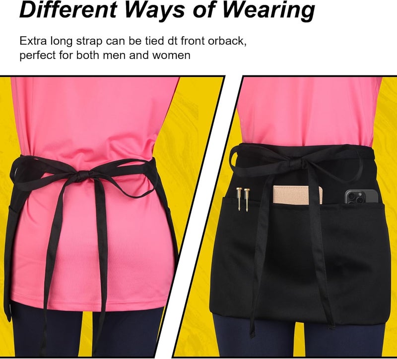 Wsaeig Server Waitress Waist Apron - Half Apron with 3 Pockets,Black Short Aprons for Servers,Waiter Apron - Image 3